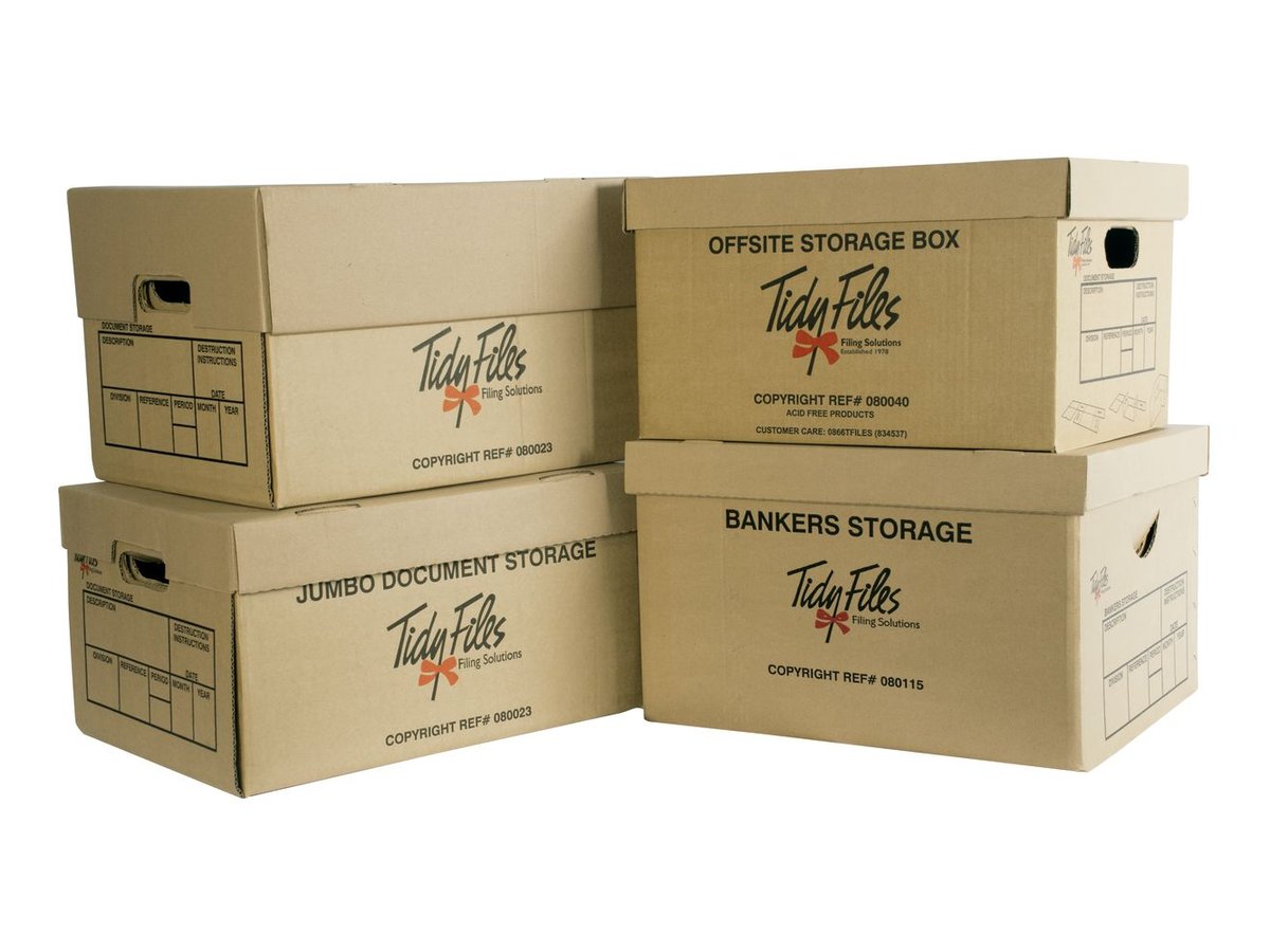 Tidy Files archive, off-site and bankers storage boxes