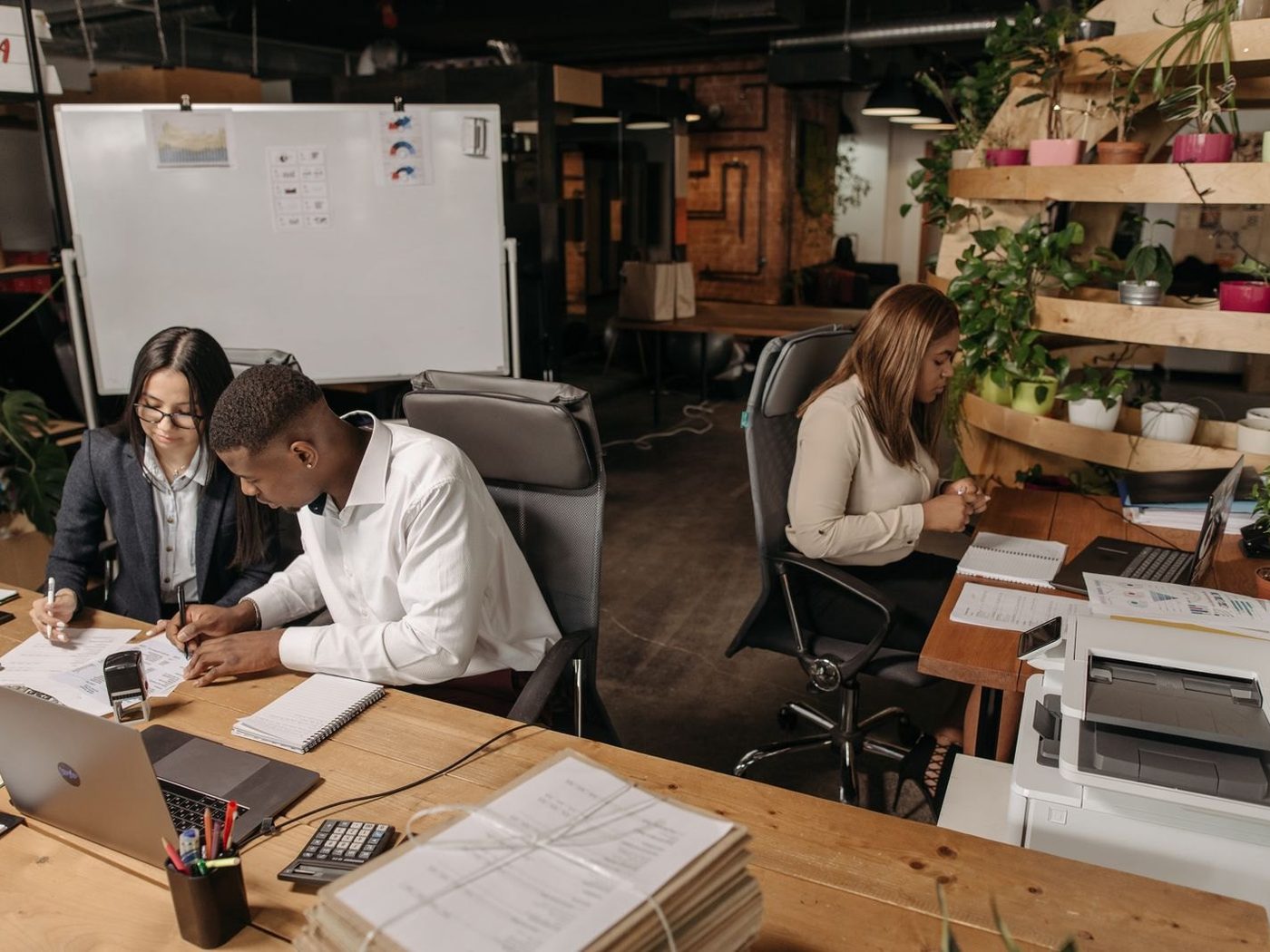 Open-plan office with staff working at their desks